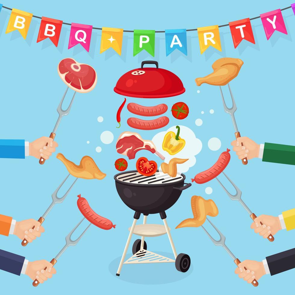 Portable round barbecue with grill sausage, beef steak, ribs, fried meat vegetables isolated on background. Hand hold fork. BBQ picnic, family party. Barbeque icon. Cookout event. Vector flat design