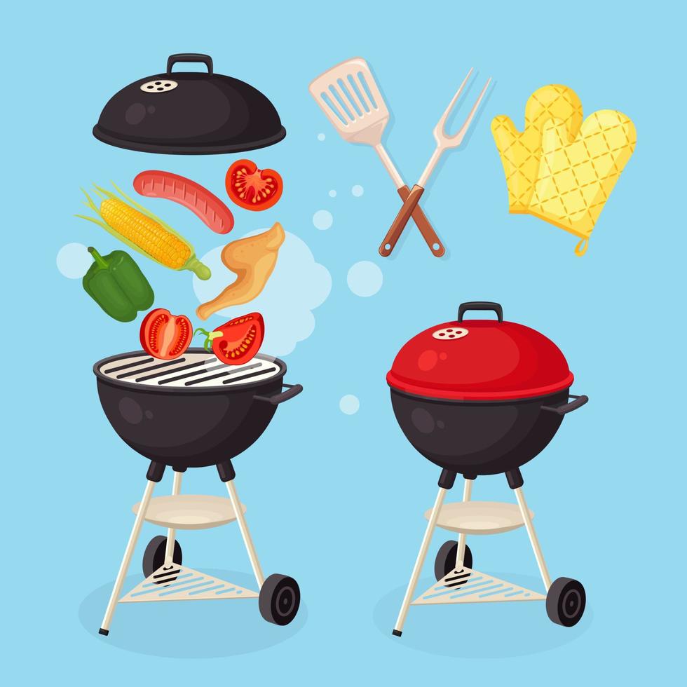 Barbacoa redonda portátil con salchicha a la parrilla, alitas de pollo fritas, maíz, tomates. verduras de carne aisladas en el fondo. picnic barbacoa, fiesta familiar. icono de barbacoa. evento de comida al aire libre. diseño plano vectorial vector