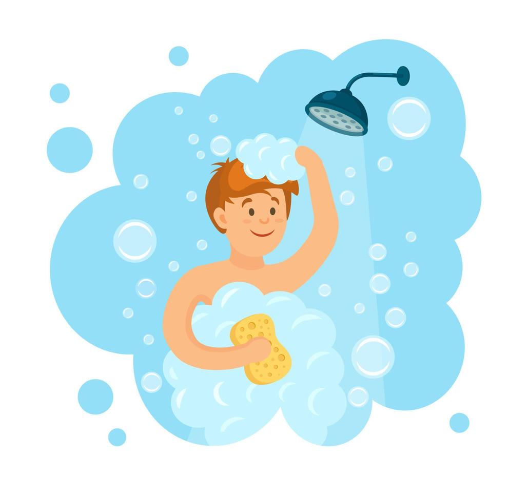 Happy man taking shower in bathroom. Wash head and hair with shampoo, soap, sponge, water, foam. Smile character isolated on background. Vector flat cartoon design 6403159 Vector Art at Vecteezy Happy man taking shower in bathroom. Wash head and hair with shampoo, soap, sponge, water, foam. Smile character isolated on background. Vector flat cartoon design 6403159 Vector Art at Vecteezy