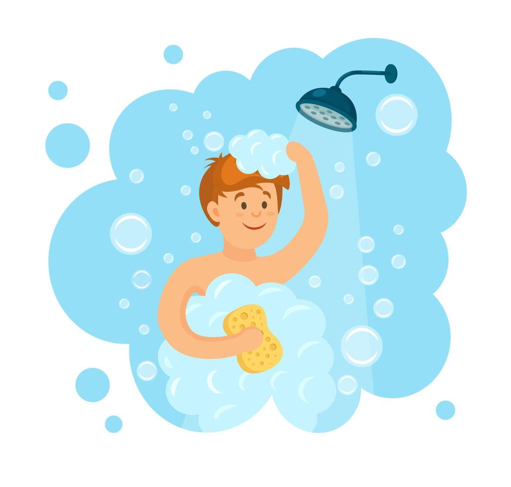 hombre feliz duchándose en el baño. lavar la cabeza y el cabello con champú, jabón, esponja, agua, espuma. carácter de sonrisa aislado en el fondo. diseño de dibujos animados plana vectorial vector