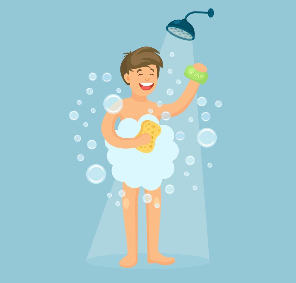 Happy man taking shower in bathroom. Wash head and hair with shampoo, soap.  Vector flat cartoon design 6403160 Vector Art at Vecteezy