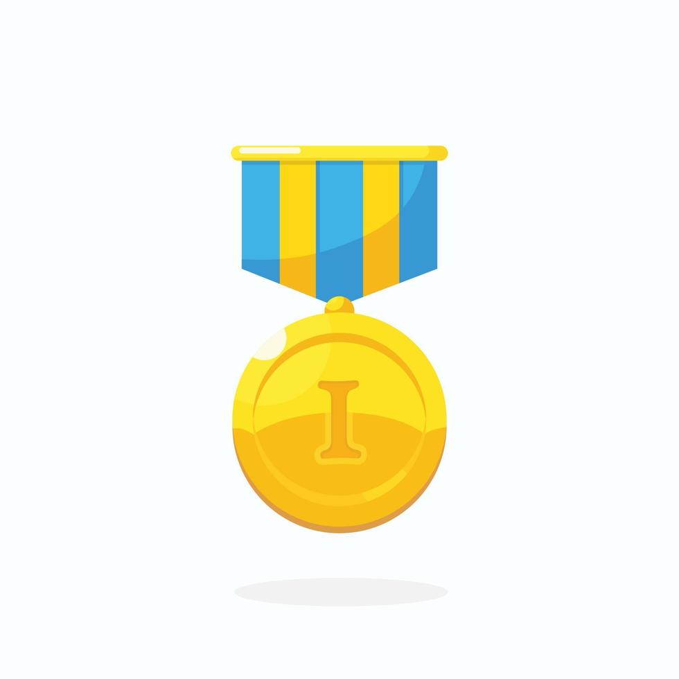 Gold medal for first place. Trophy, award, prize for winner isolated on white background. Golden badge with ribbon. Achievement, victory, success. Vector cartoon illustration Flat design