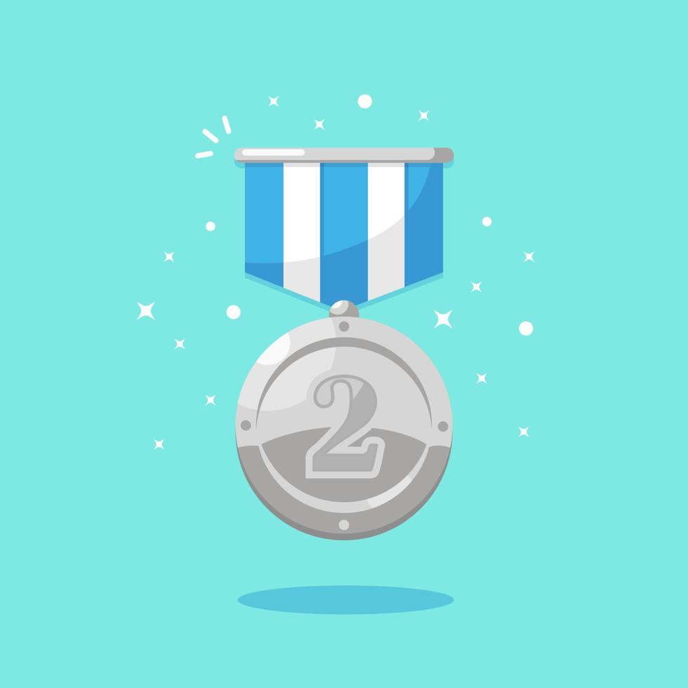 Silver medal with blue ribbon for second place. Trophy, winner award isolated on background. Badge icon. Sport, business achievement, victory concept. Vector flat design