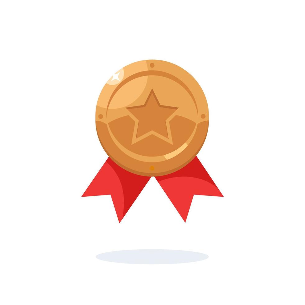 Bronze medal with red ribbon, star for third place. Trophy, winner award isolated on blue background. Badge icon. Sport, business achievement, victory concept. Vector flat design