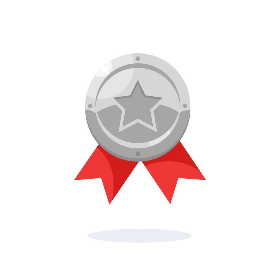 Silver medal with ribbon, star for second place. Trophy, winner award isolated on background. Badge icon. Sport, business achievement, victory concept. Vector flat design