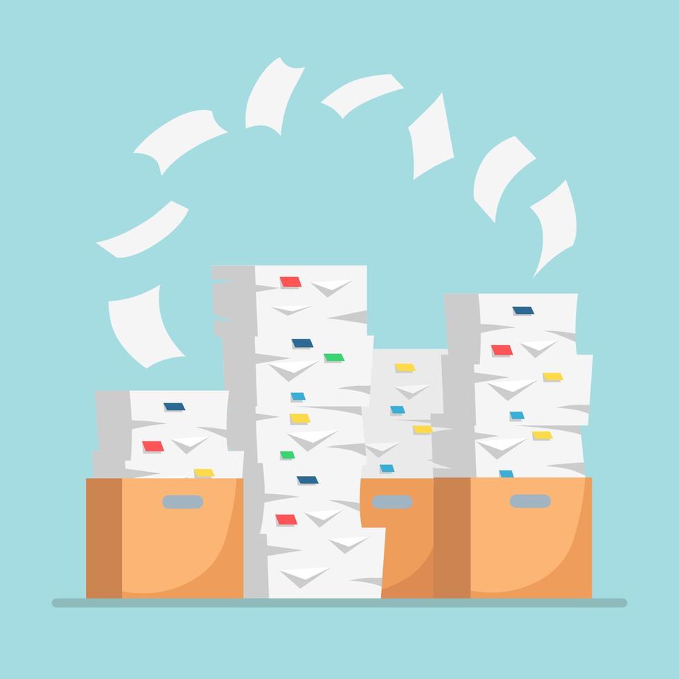 Pile of paper, document stack with carton, cardboard box. Paperwork. Vector cartoon design