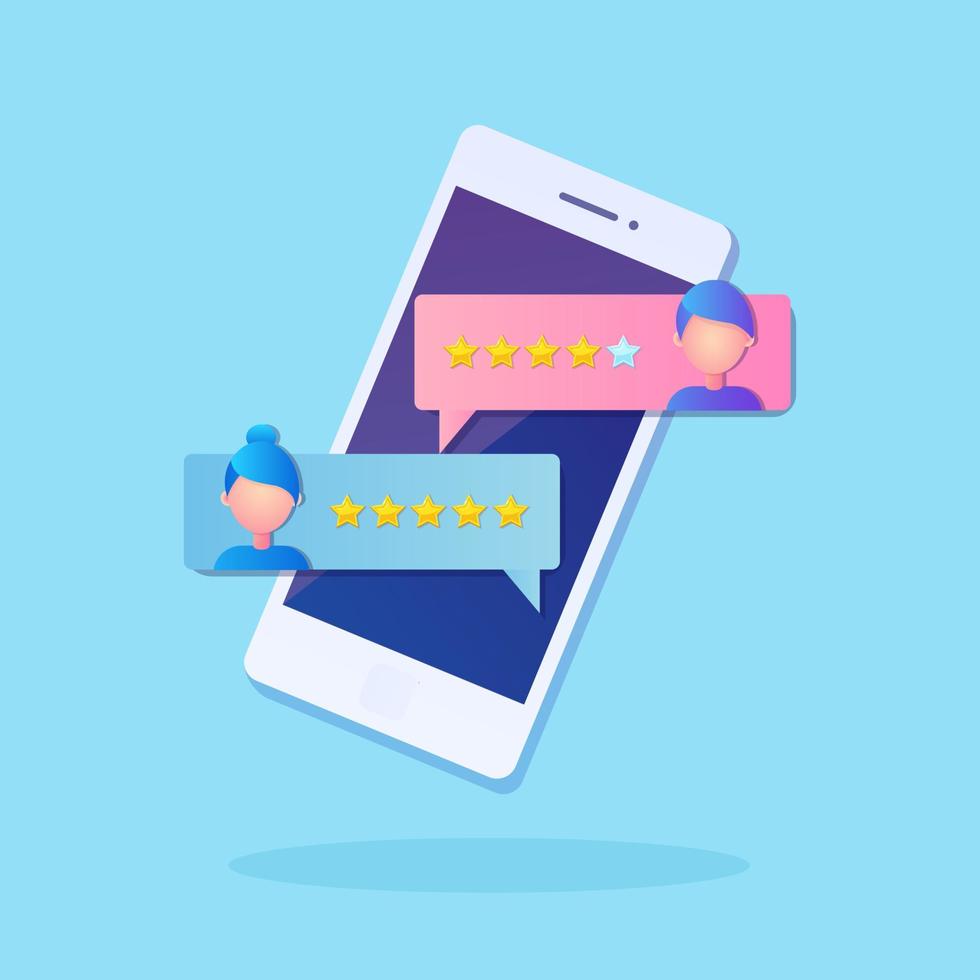 New chat messages notification on mobile phone. Sms bubbles on cellphone screen. Star rating. Client feedback, customer review. Survey for marketing service. People chatting. Vector flat design