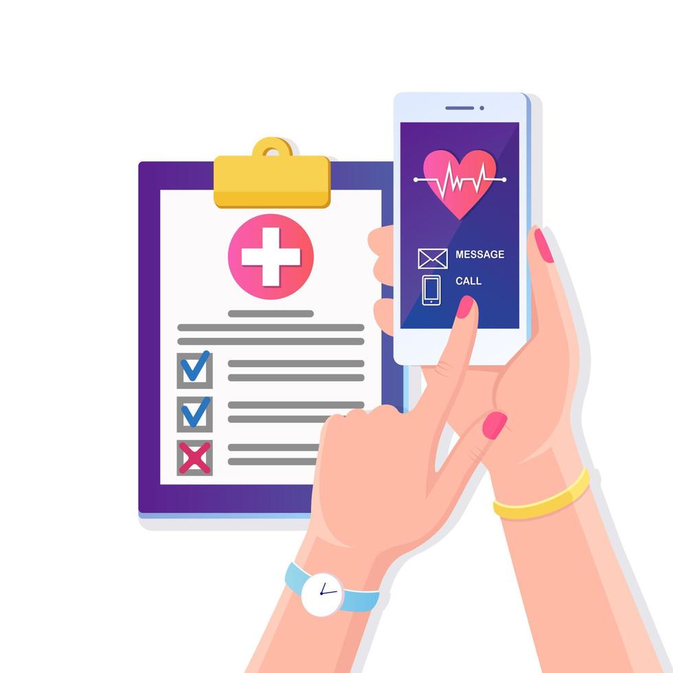 Call doctor, ambulance. Hand hold mobile phone with red heart, heartbeat line, cardiogram on screen. Health insurance document with cross sign, medical agreement Clinic diagnostic report Vector design