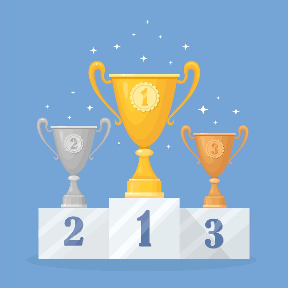 Trophy cup on pedestal. Gold,silver, bronze goblet isolated on background. Awards for winner, champion. Concept of victory, award, championship, leadership, achievement. Vector flat design