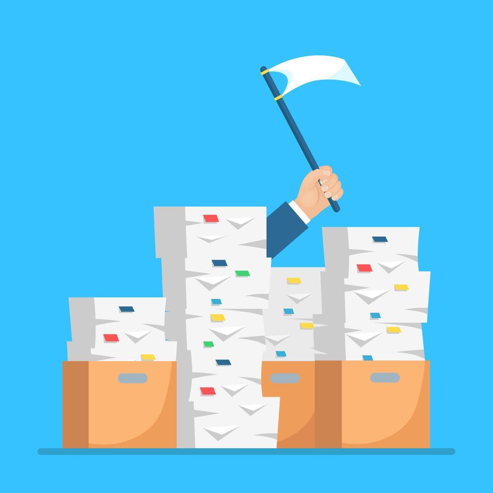 Pile of paper, document stack with carton, cardboard box. Stressed employee in heap of paperwork. Busy businessman with help sign, white flag. Bureaucracy concept. Vector cartoon design