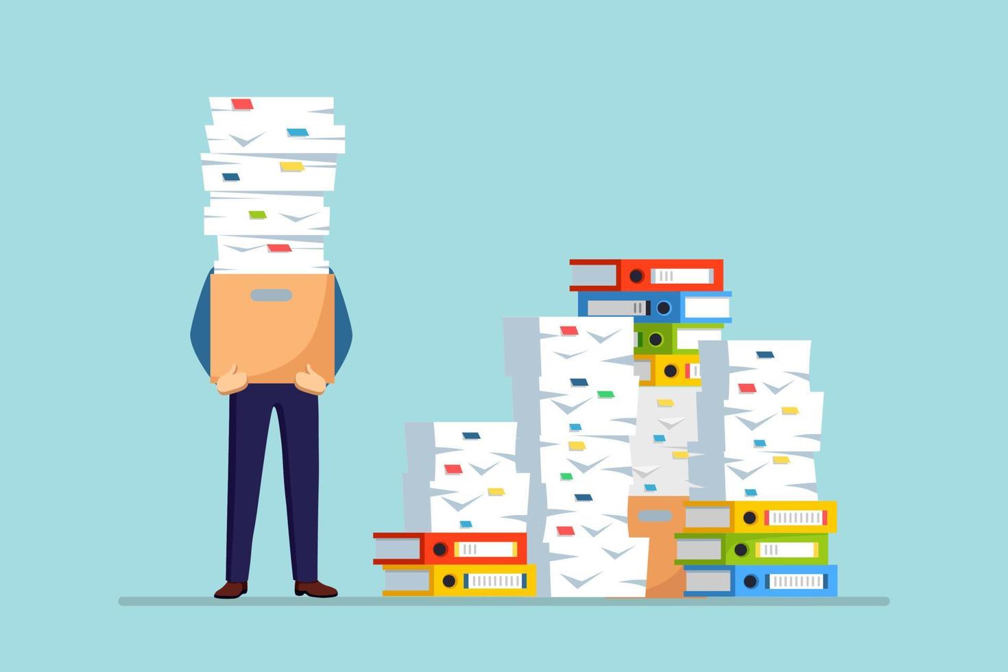 Pile of paper, busy businessman with stack of documents in carton, cardboard box, folder. Paperwork. Bureaucracy concept. Stressed employee. Vector cartoon design