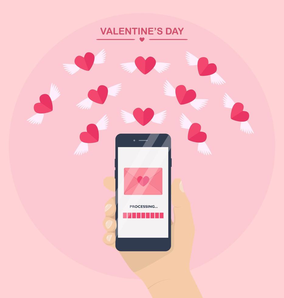 Valentine's day illustration. Send or receive love sms, letter, email with mobile phone. Human hand hold cellphone isolated on  background. Envelope, flying red heart with wings. Flat design vector