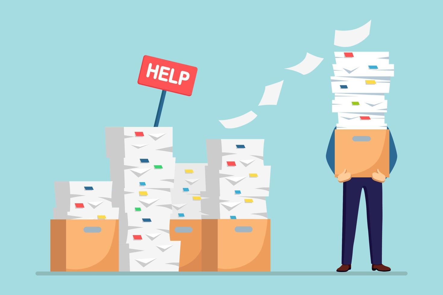 Pile of paper, busy businessman with stack of documents in carton, cardboard box, help sign. Paperwork. Bureaucracy concept. Stressed employee. Vector cartoon design