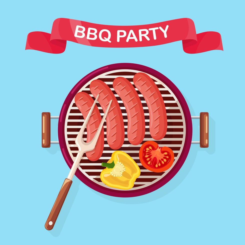 Portable round barbecue with grill sausage,  fried vegetables isolated on white background. BBQ device for picnic, family party. Barbeque icon. Cookout event concept. Vector flat illustration