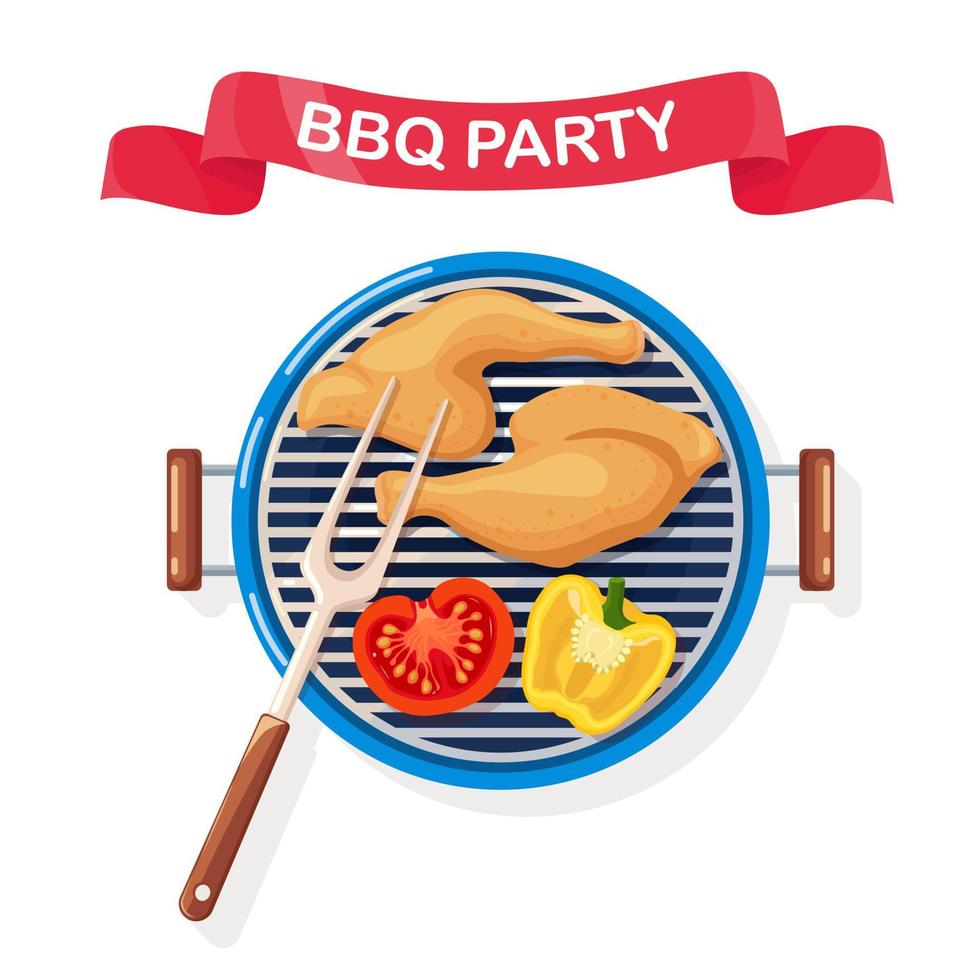 Portable round barbecue with fried chicken wings, grill vegetables isolated on white background. BBQ device for picnic, family party. Barbeque icon. Cookout event concept. Vector flat illustration
