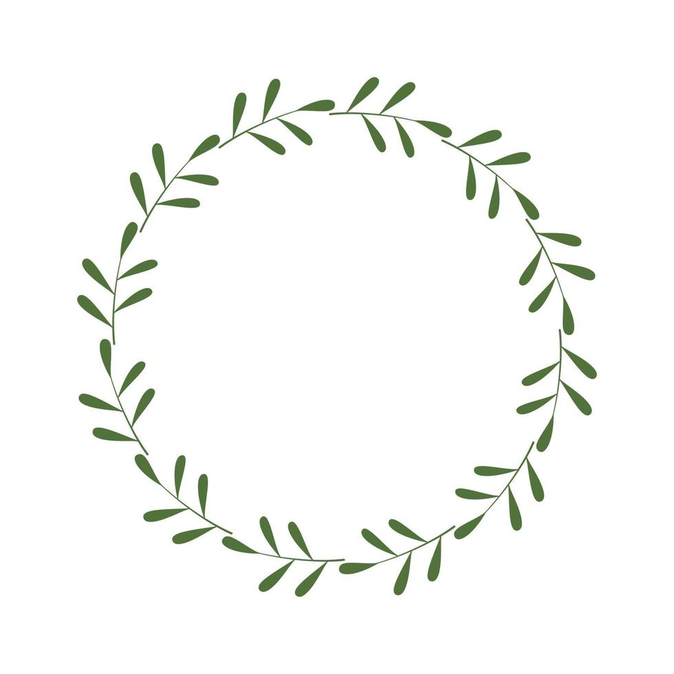 Round frame of green twigs with leaves. Design template for logo, invitation, greetings. Laconic stylish wreath. Minimalist border. Deciduous wreath. Stock vector illustration