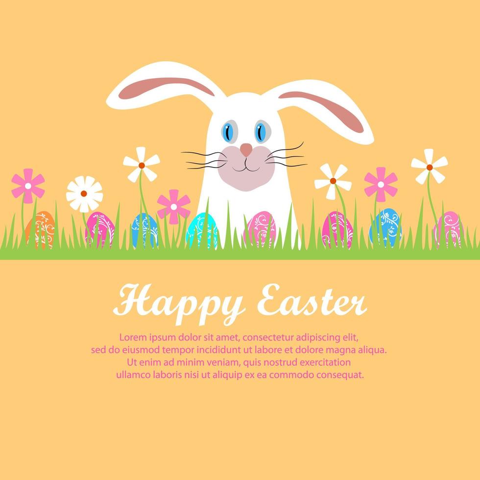 Happy easter. Poster with a white rabbit in the grass with Easter eggs. Greeting card, advertisement, hunting invitation for children. The head of a cute easter bunny. Flat cartoon vector illustration