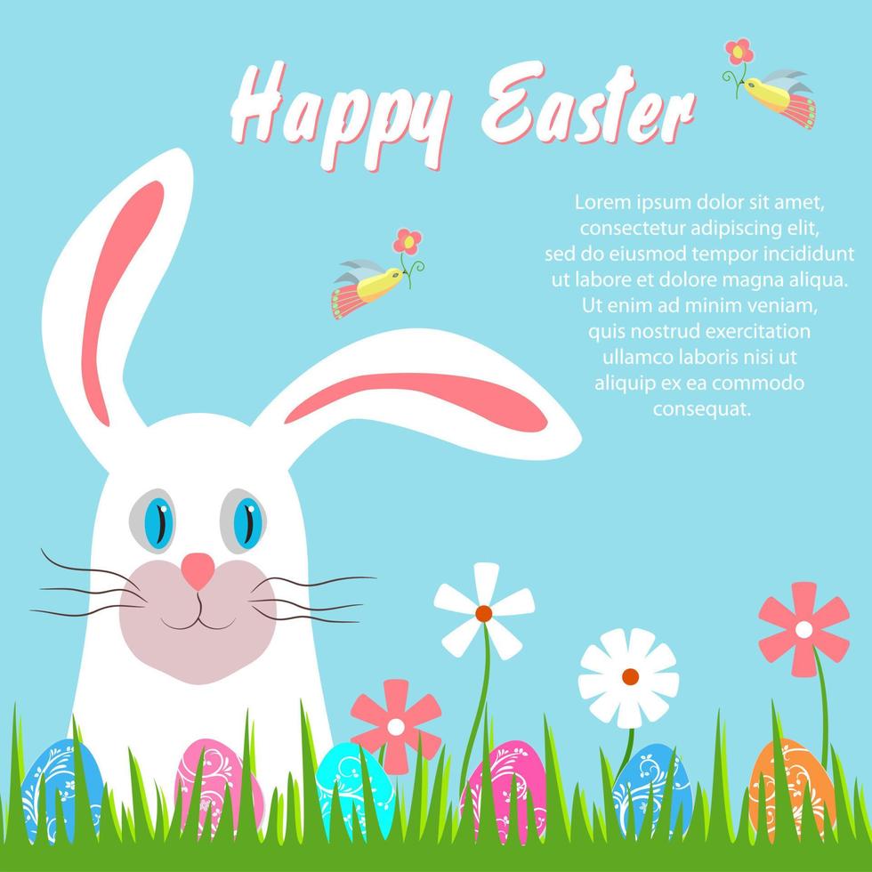 Children card, invitation to the Easter holiday, egg hunt. Vector flat illustration. White easter bunny peeps out of the grass. Painted eggs lie in grass. Joyful poster, print with a rabbit, flowers