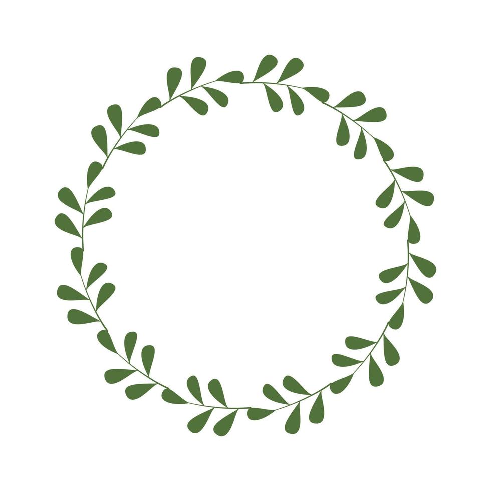 Round frame of green twigs and leaves. Design template for logo, invitation, greetings. Laconic stylish wreath. Border in a minimalist style. Vector stock illustration.