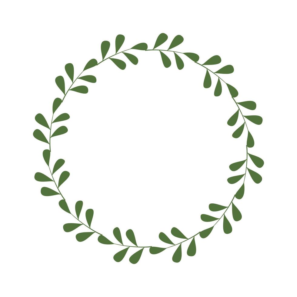 Round frame of green twigs and leaves. Design template for logo, invitation, greetings. Laconic stylish wreath. Border in a minimalist style. Vector stock illustration.