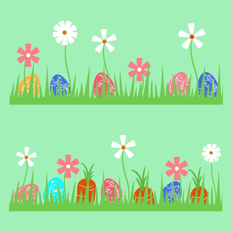 Drawing of green grass with daisies flowers. In the grass, painted Easter eggs, carrots. Template for creating cards, children's illustrations in a flat style. Set of eggs with floral patterns. Vector