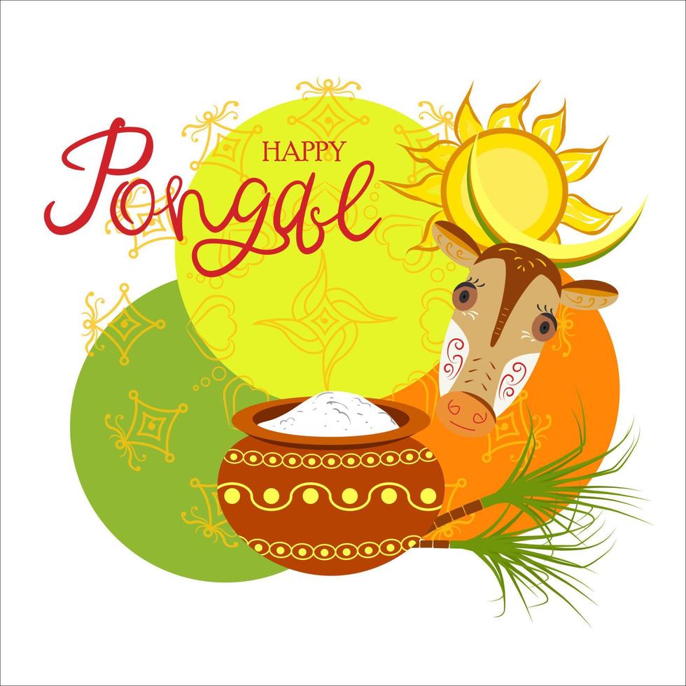 Happy Pongal vector illustration. Cartoon cow, pot of sweet rice, sun, sugarcane, rangoli. Happy Pongal written by hand. Background for Pongal and Makar Sankranti celebration. Indian Harvest Festival