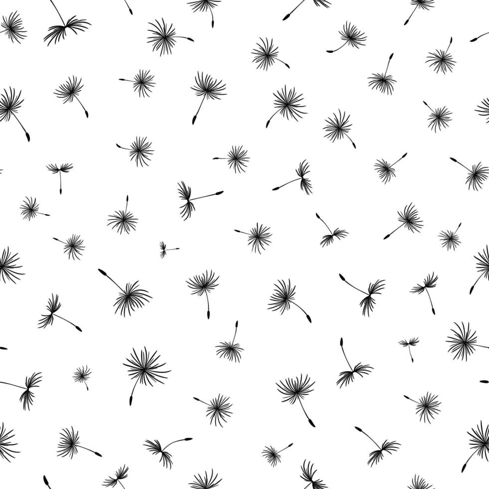 Seamless pattern with flying dandelion seeds. Simple texture for fabric, paper, fashion, design. Vector stock illustration. Floral black white background with dandelions. Black silhouette of a flower