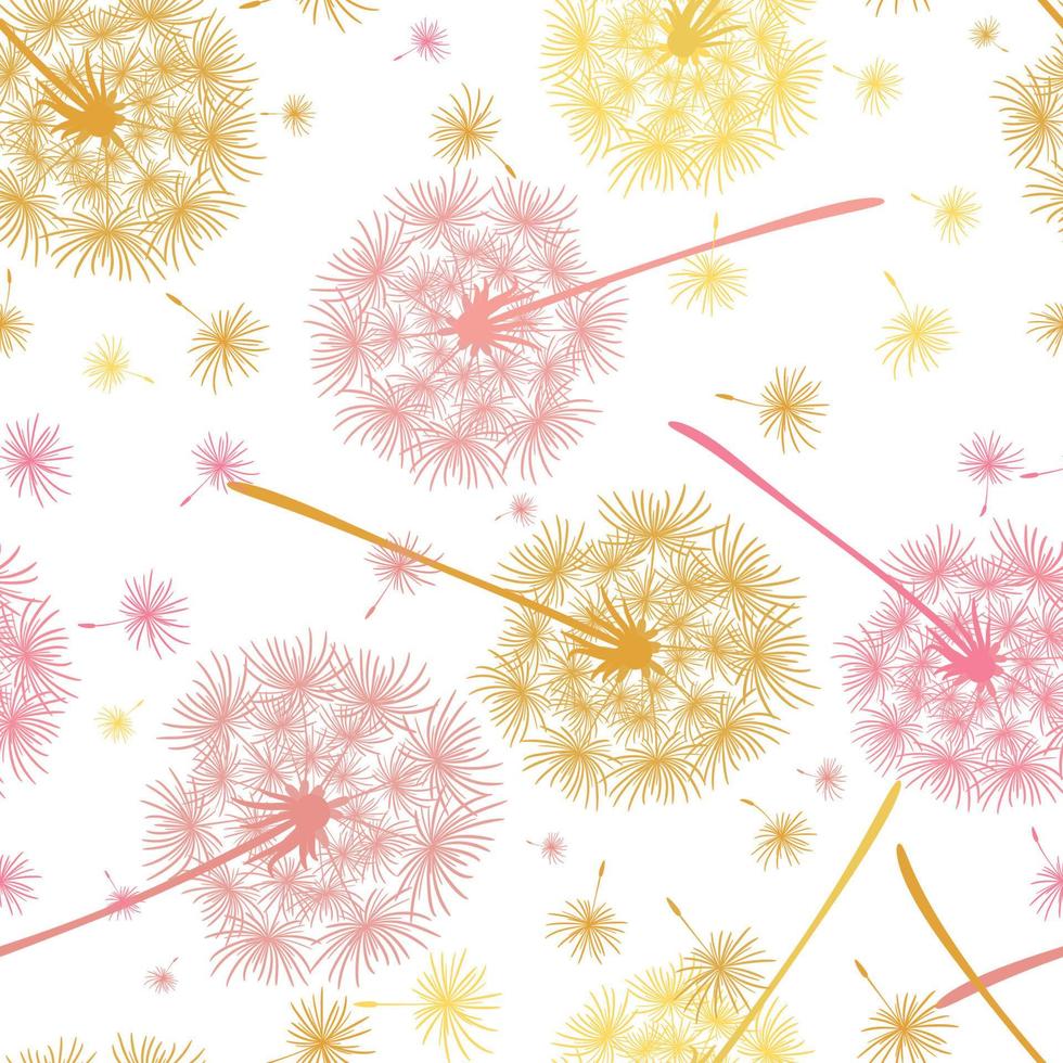 patrón impecable de dientes de león voladores en colores rosa y amarillo. interminable textura floral de delicadas flores. ilustración vectorial de un diente de León. fondo de primavera vector