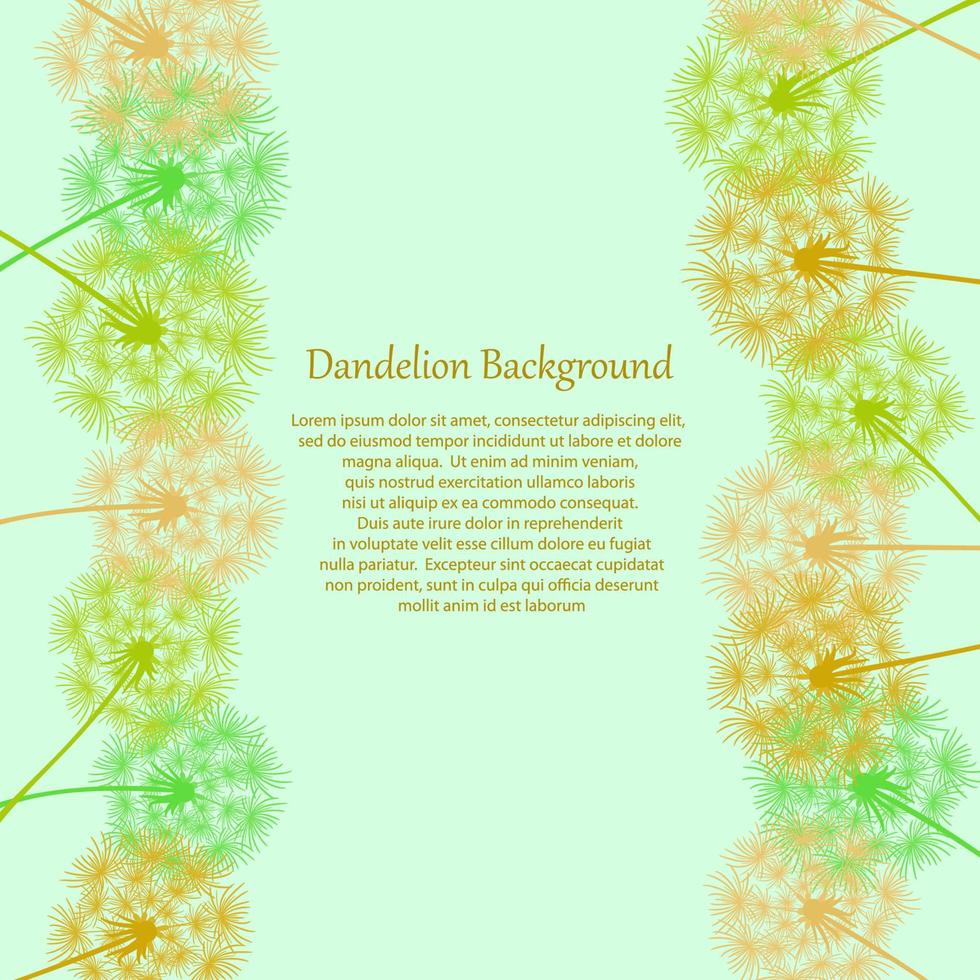 Delicate frame with yellow and green dandelions and a place for text. Beautiful border with flying flowers. Vector dandelions for creative design. Template floral greeting card. Spring background.