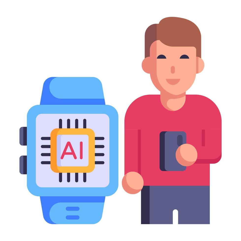 Brain inside watch, flat style icon of ai watch vector