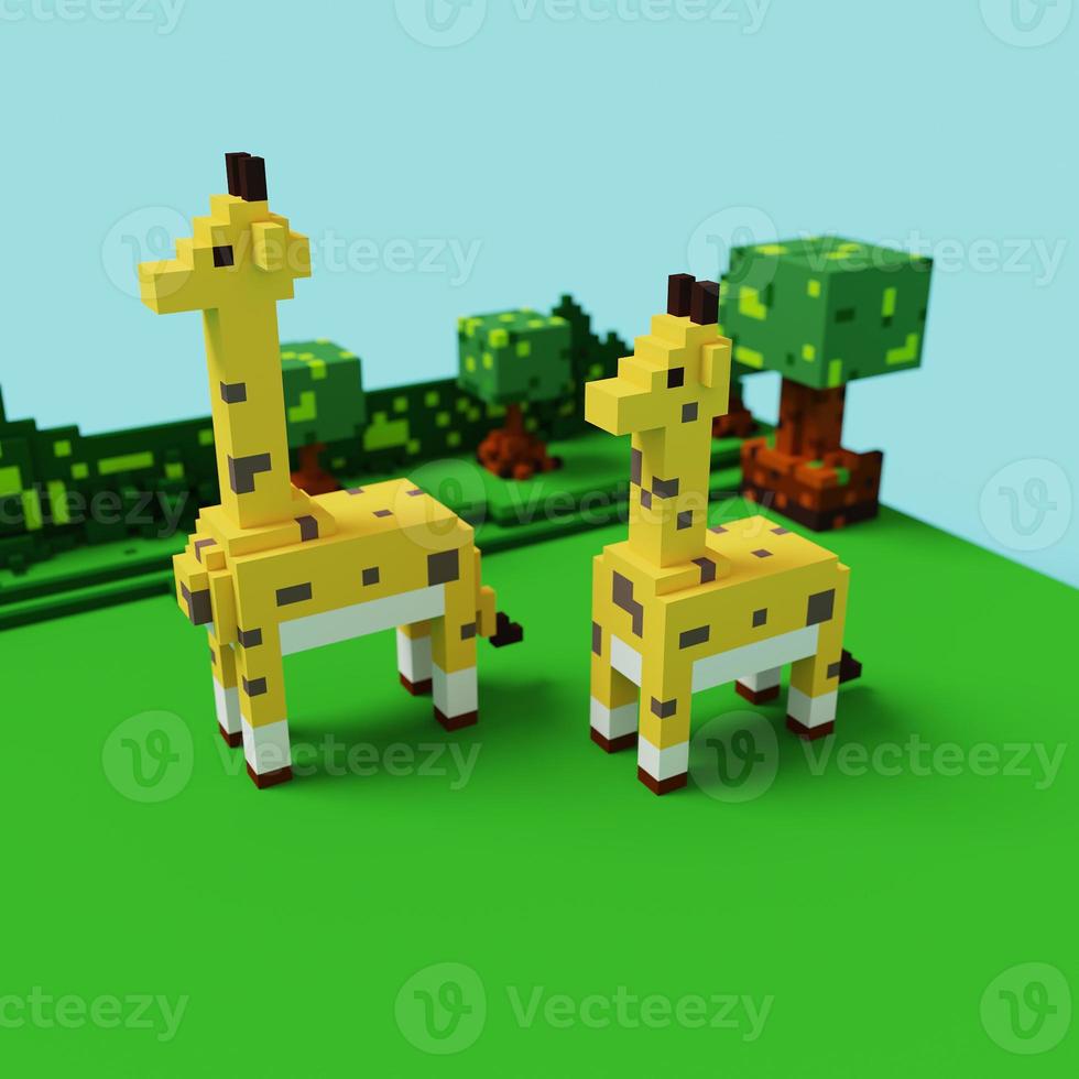 3d rendering voxel cube isometric giraffes animal photo