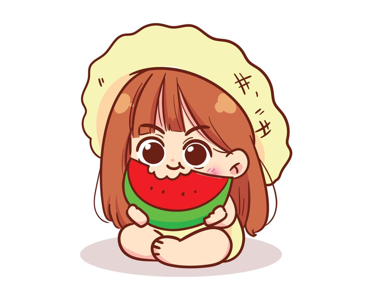 Cute kid girl eat watermelon character cartoon logo hand drawn art illustration vector