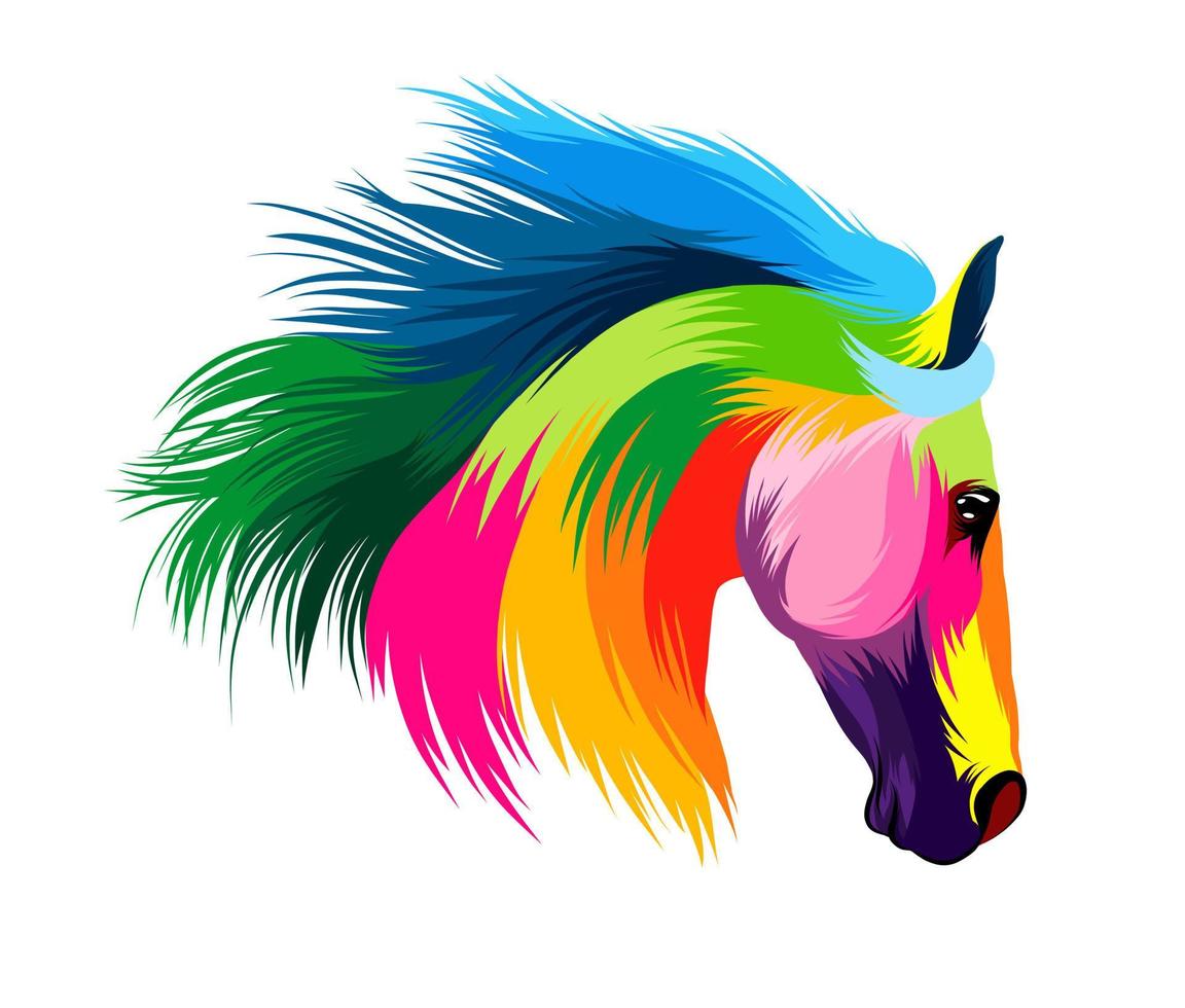 Abstract horse head portrait from multicolored paints. Colored drawing. Vector illustration of paints