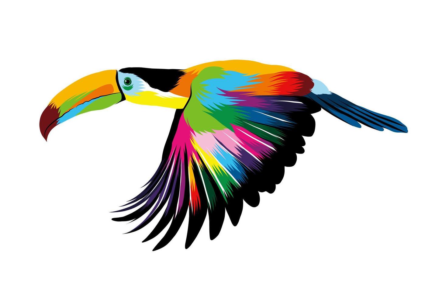 Abstract flying toucan, tropical bird from multicolored paints. Colored drawing. Vector illustration of paints