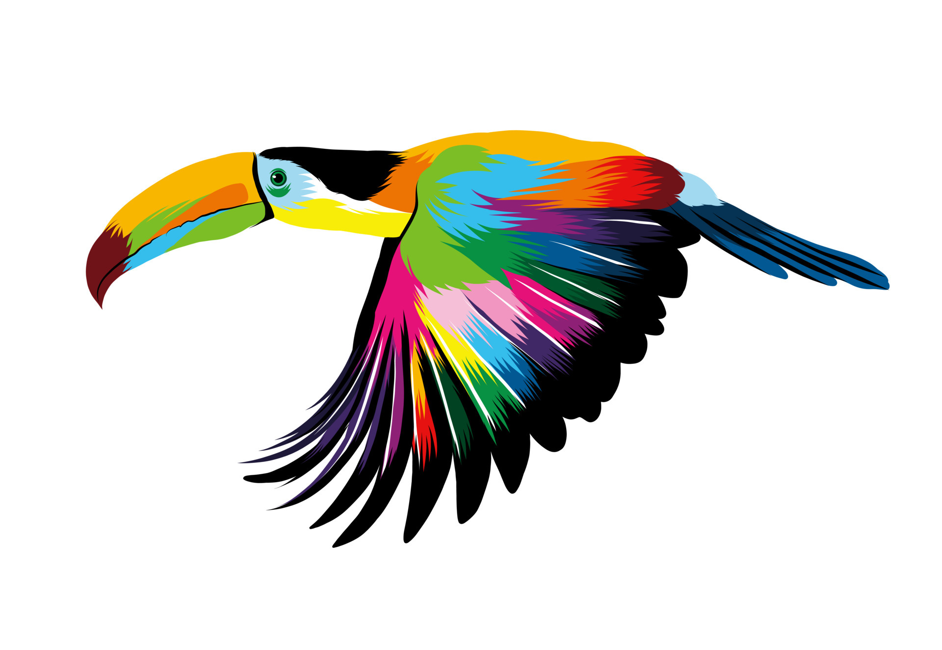 Abstract flying toucan, tropical bird from multicolored paints. Colored