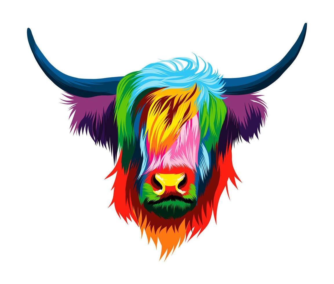 retrato abstracto de cabeza de vaca de las tierras altas, vaca escocesa de las tierras altas de pinturas multicolores. dibujo coloreado. ilustración vectorial de pinturas vector