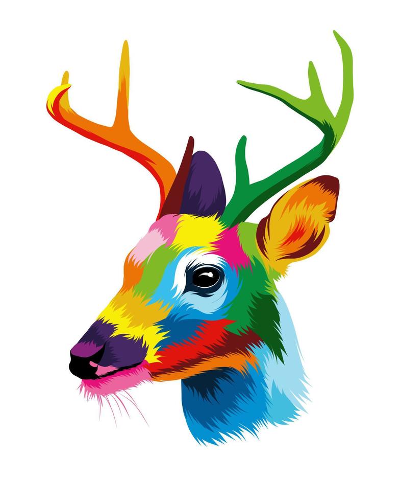 Abstract deer head portrait, cervus elaphus, dama dama from multicolored paints. Colored drawing. Vector illustration of paints