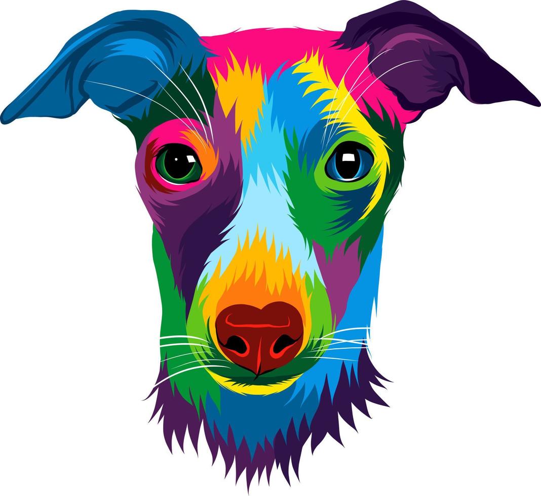 Abstract Jack Russell Terrier head portrait from multicolored paints. Puppy muzzle portrait, dog muzzle. Colored drawing. Vector illustration of paints