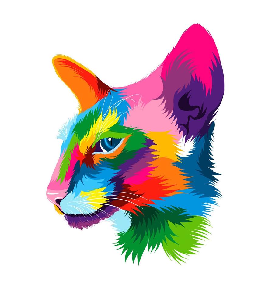 Abstract Oriental cat head portrait from multicolored paints. Colored drawing. Portrait of a muzzle of a kitten, muzzle of a cat. Vector illustration of paints