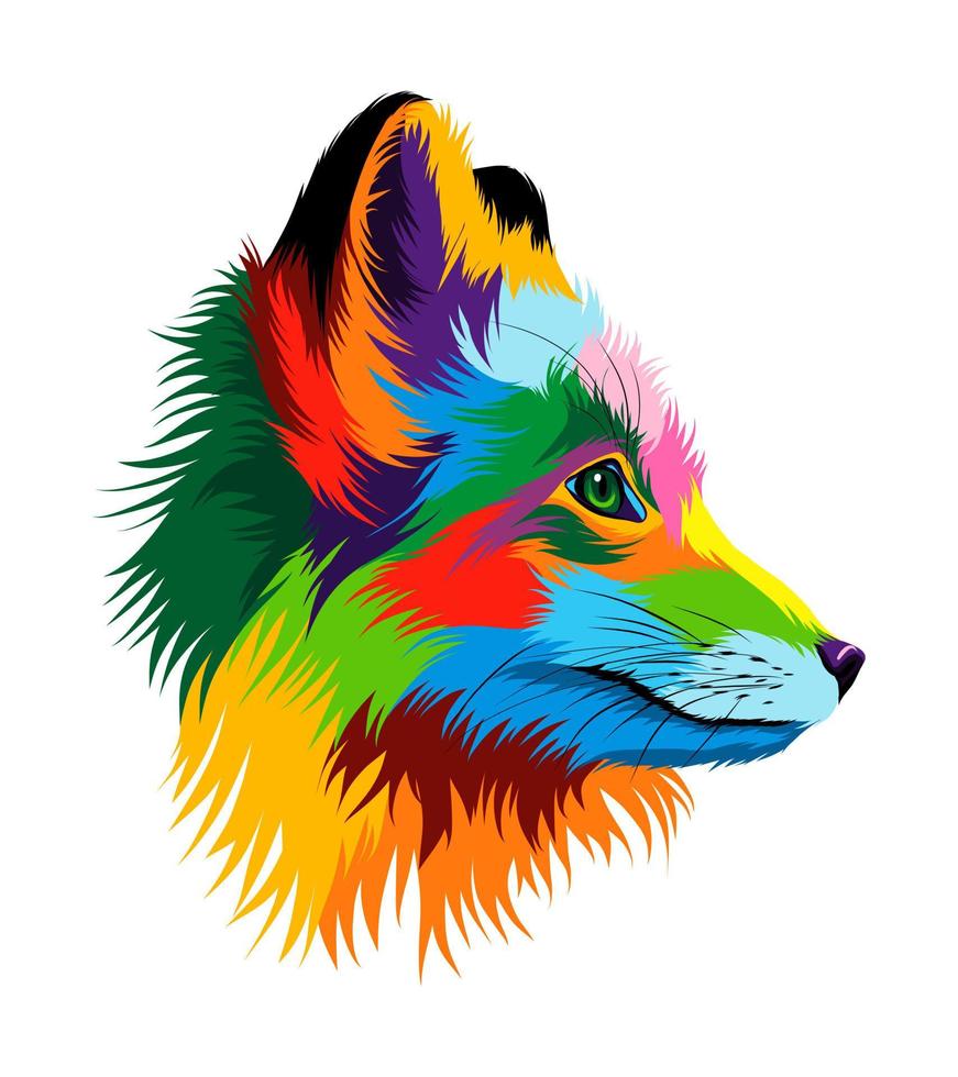 Abstract arctic fox head portrait, fox head portrait from multicolored paints. Colored drawing. Vector illustration of paints