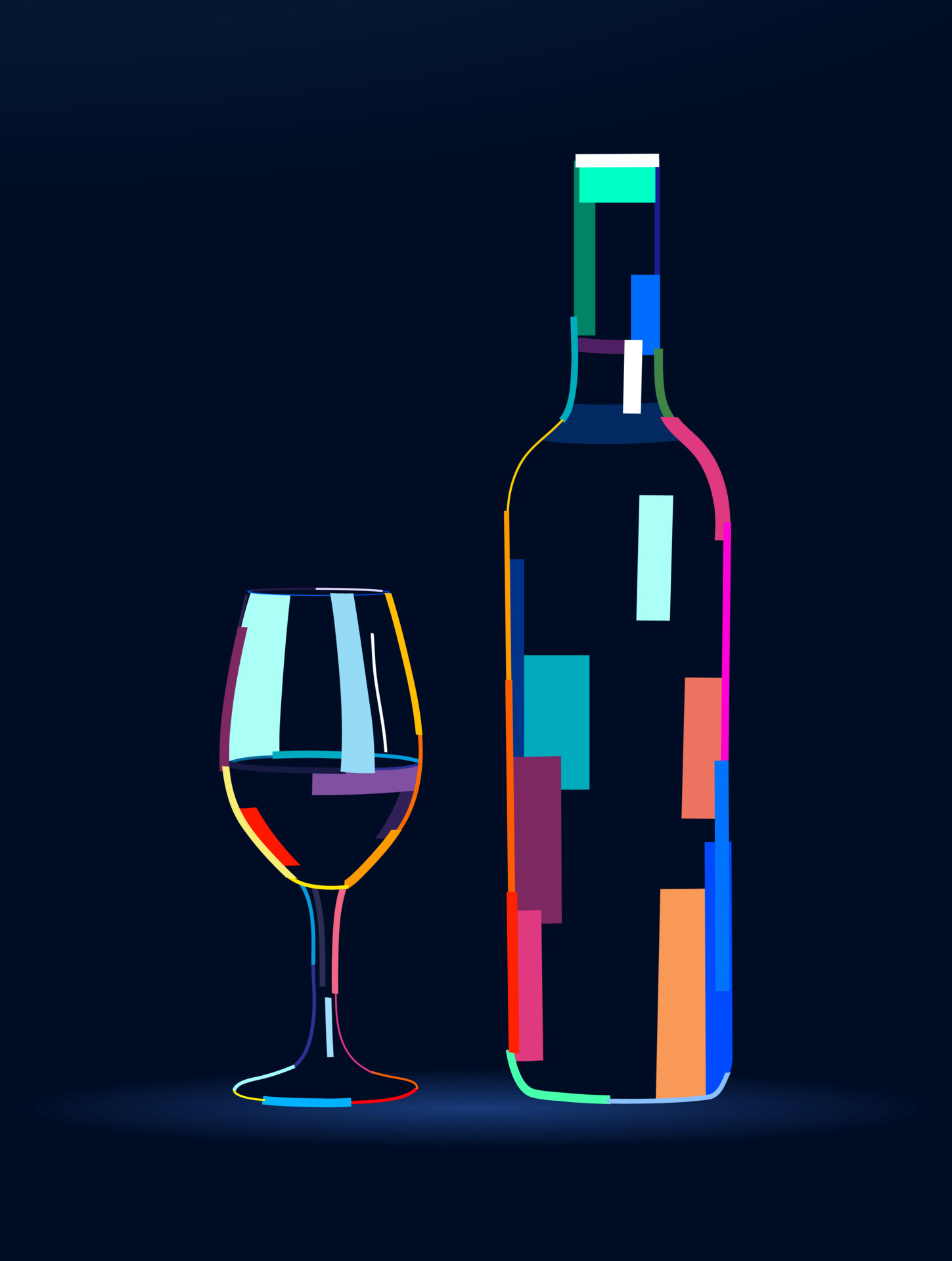 Abstract wine bottle with glass from multicolored paints. Colored