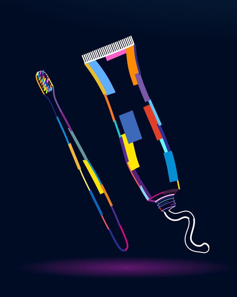 Abstract tube of toothpaste and toothbrush from multicolored paints. Colored drawing. Vector illustration of paints