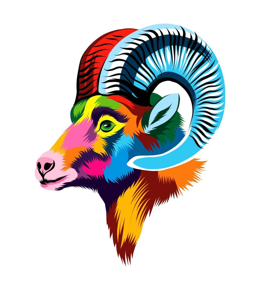 retrato abstracto de cabeza de borrego cimarrón, oveja de montaña de pinturas multicolores. dibujo coloreado. ilustración vectorial de pinturas vector