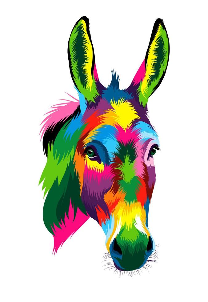Abstract Donkey head portrait from multicolored paints. Colored drawing. Vector illustration of paints