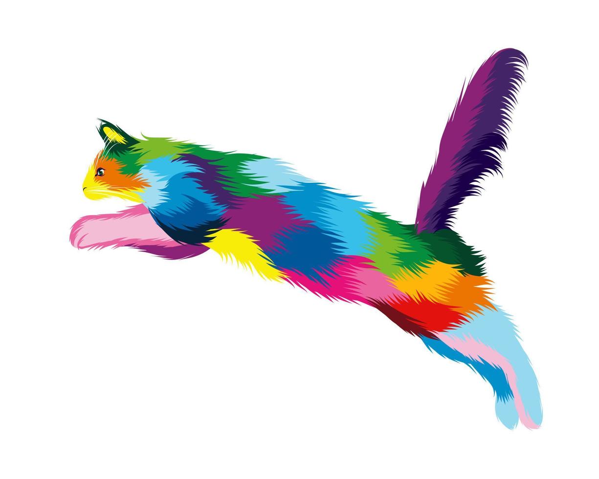 Abstract fluffy cat plays from multicolored paints. Colored drawing. Vector illustration of paints