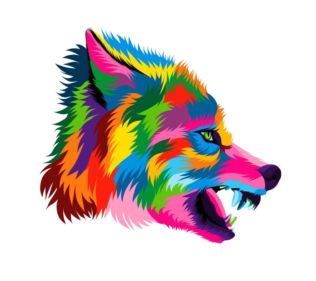 Abstract wolf head portrait, wolf grin, furious wolf from multicolored paints. Colored drawing. Vector illustration of paints