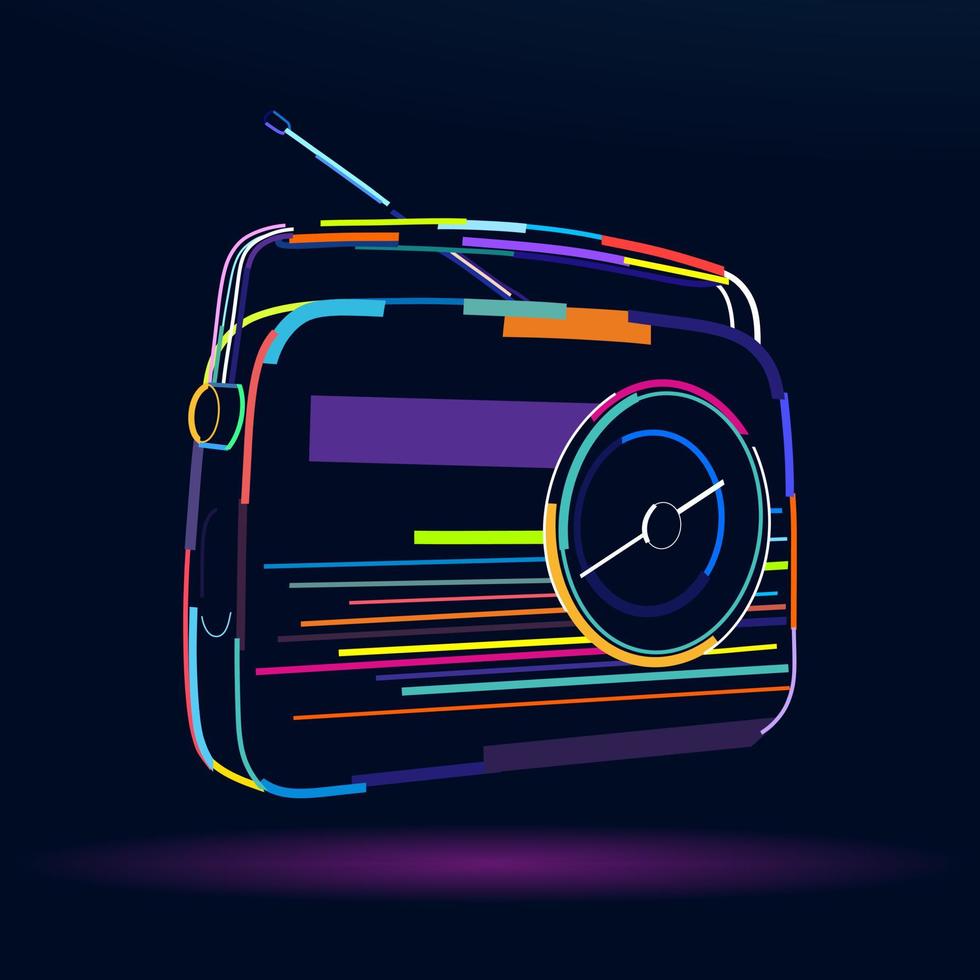 Abstract old vintage radio in retro style from multicolored paints. Colored drawing. Vector illustration of paints