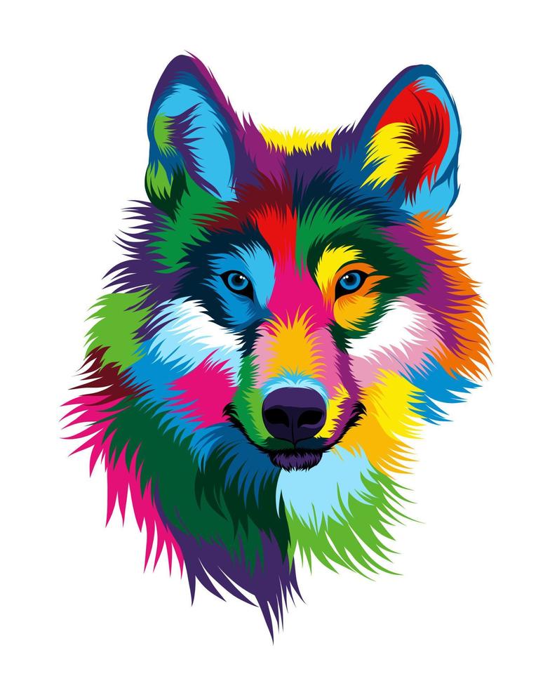 Abstract wolf head portrait, wolf grin, furious wolf from multicolored paints. Colored drawing. Vector illustration of paints