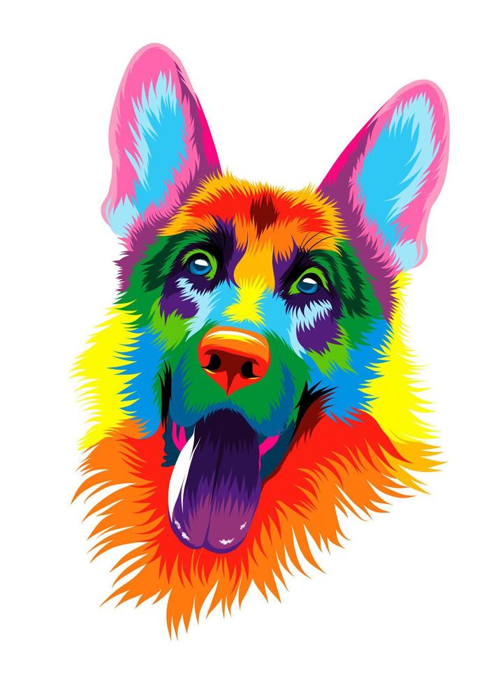 Abstract german shepherd dog head portrait from multicolored paints. Colored drawing. Vector illustration of paints