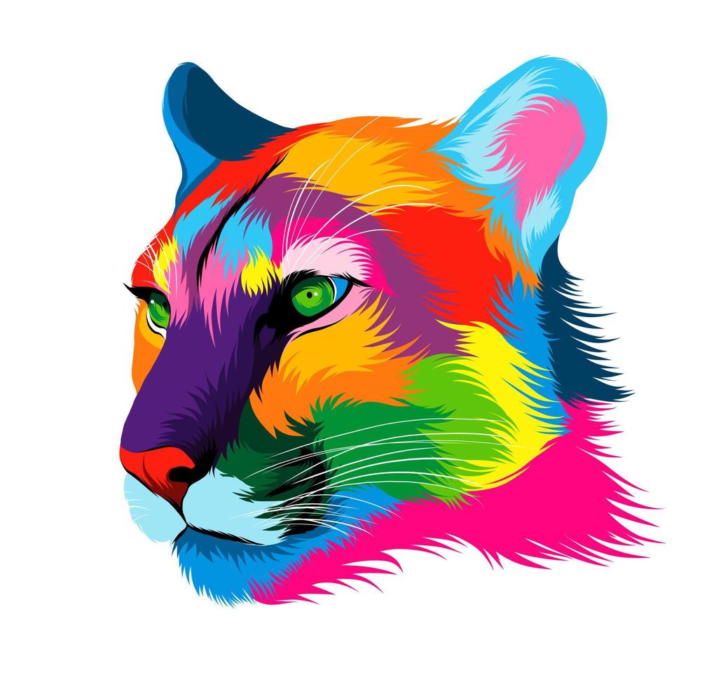 Abstract puma, cougar head portrait from multicolored paints. Colored drawing. Vector illustration of paints